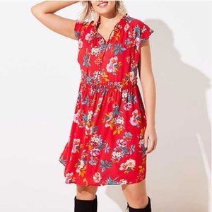 Red LOFT Floral Smocked Tie-Neck Swing Dress